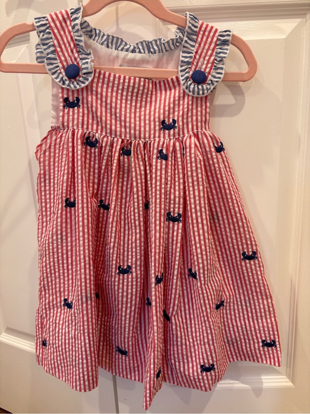 Cecil & Lou Crab Embroidered Red Navy Seersucker Dress